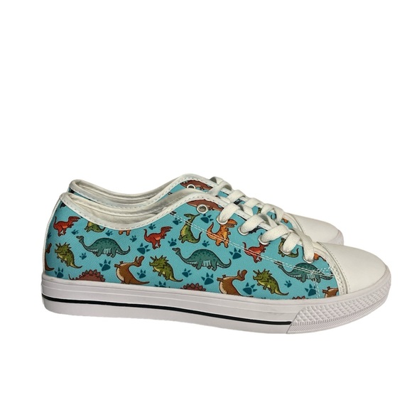 custom Shoes - Dinosaur Low Top White Canvas Sneakers women’s 11. Men 8.5. Like new turquoise